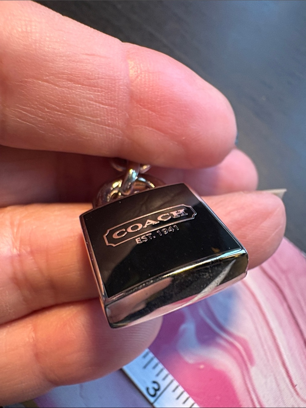 Coach Silver Tone Padlock Keychain with Black Enamel - Picture 2 of 3